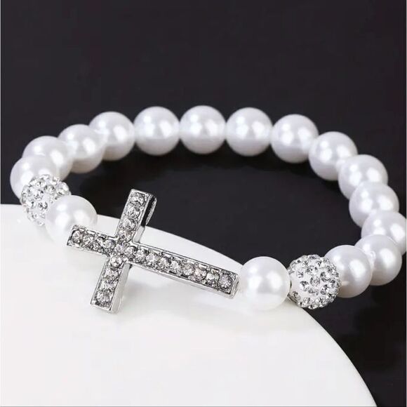 3 for $26 - Rhinestone Cross Pearl Bracelet - Picture 3 of 4